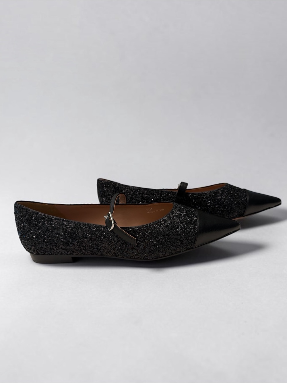 Paolo Black Glitter and Leather Pointed Toe Mary Jane Flats - Picture 4 of 7